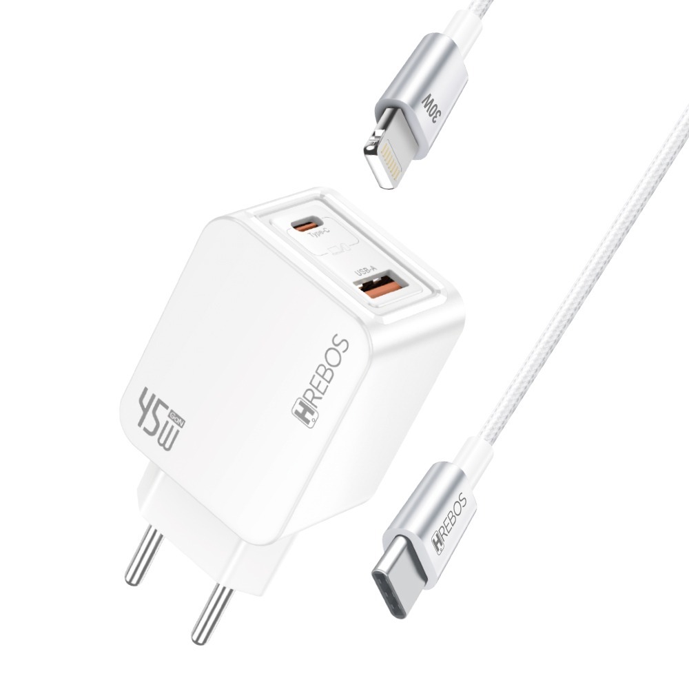 Carregador HREBOS 45W GaN Turbo USB-C PD + USB-A QC 3.0 com Cabo USB-C Lightning
