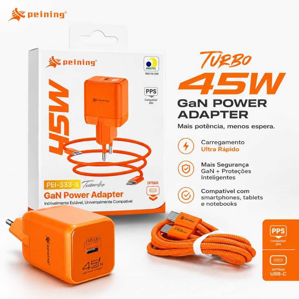 Carregador Turbo 45W GaN Peining USB-C PD PPS Com Cabo Tipo C Reforçado
