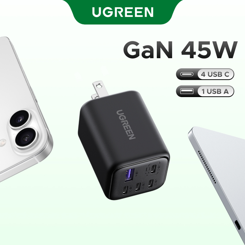 Carregador Rápido UGREEN Nexode 45W GaN De 5 Portas-4x USB-C E 1 A Para iPhone 17 Pro/Max , Samsung Galaxy S24 Ultra , i