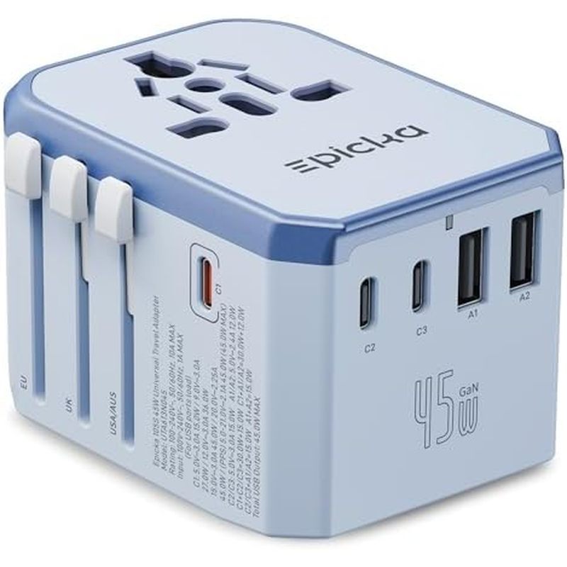 Adaptador De Viagem Universal EPICKA GaN 45W , Tomada Europeu Com PD & amp ; Carregamento Rápido QC (2 USB-A 3 Portas C)