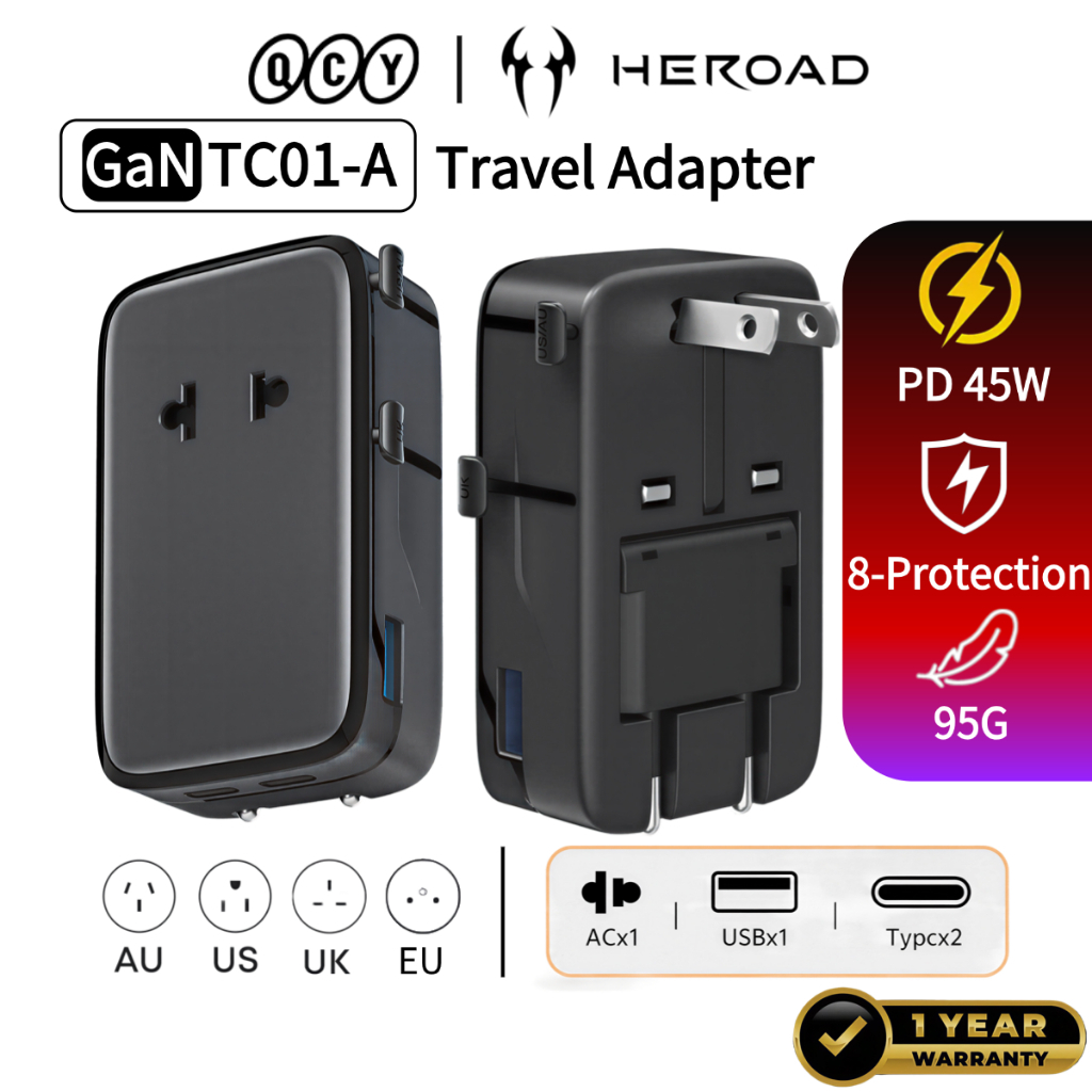 QCY TC01-A Carregador GaN 45W Adaptador de Viagem Universal Bivolt 4 Plugues USB-C USB-A 200+ Países