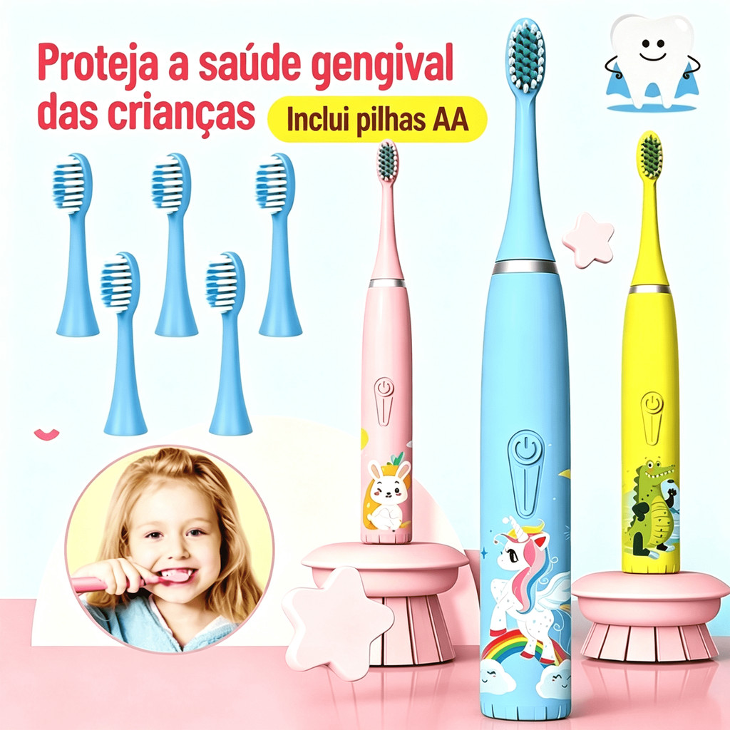 Escova Dental Elétrica Ultra-Sônica Para Crianças Acústica Onda Fofa Cabelos Suaves Dupla Face Limpa Cuidados