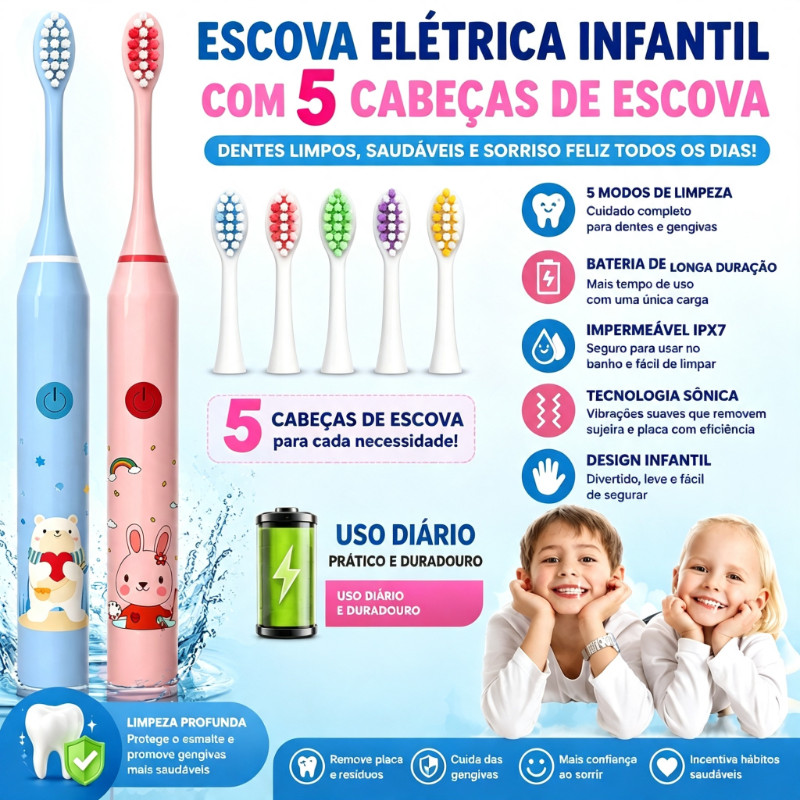 Escova Dental Elétrica Ultra-Sônica Para Crianças Acústica Onda Fofa Cabelos Suaves Dupla Face Limpa Cuidados