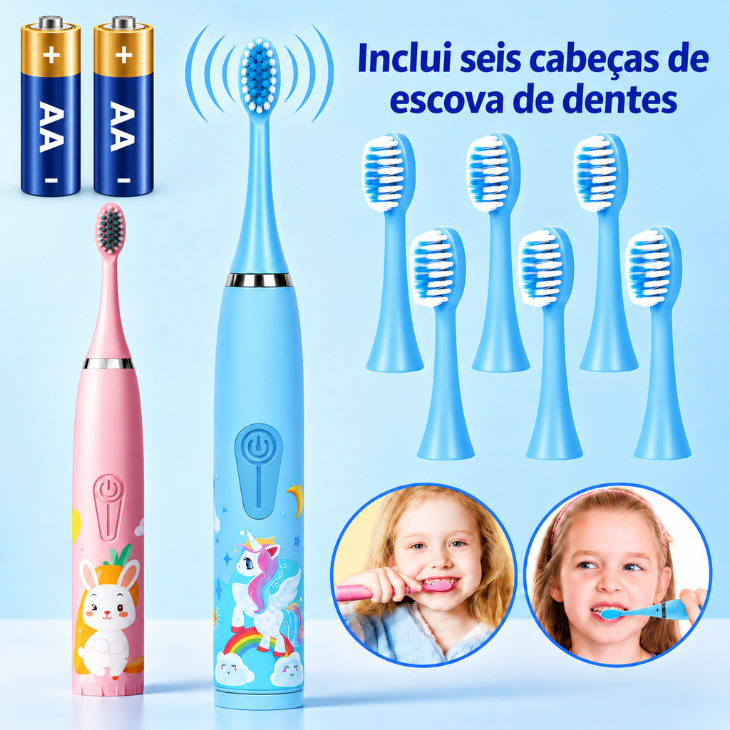 Escova Dental Elétrica Ultra-Sônica Para Crianças Acústica Onda Cabelos Suaves Dupla Face Limpa com Pilha AA Inclusa