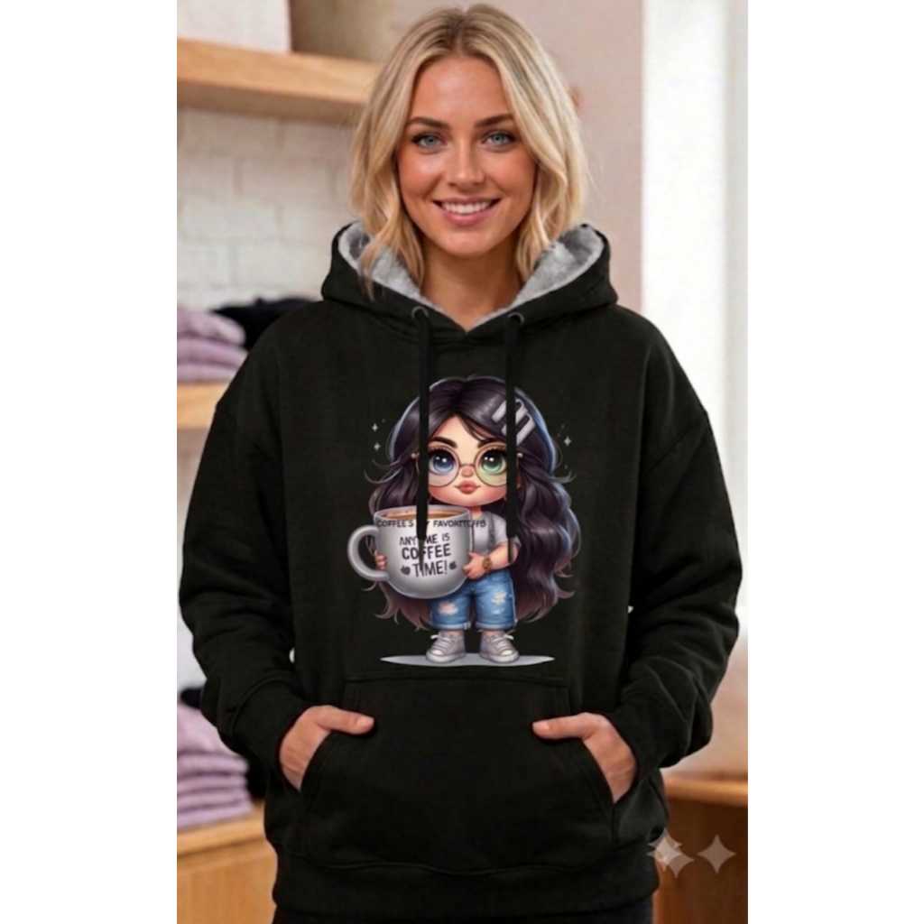 Casaco Moletom Feminino Blusa De Frio Com Capuz Peluciado Canguru Estampado Anime Cute Menina