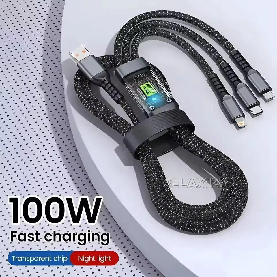 100W 3 Em 1 Multi-Porta Micro USB Tipo C Cabo De Carregamento Rápido Para iPhone Samsung Xiaomi Redmi Huawei Honor Telef