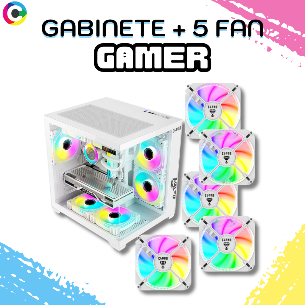 Combo Gabinete Branco Gamer Grodd SNOW + 5Fan Cooler RGB 4 Slots PC Compacto Alta Performance Estilo