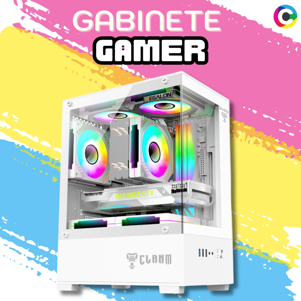 Gabinete Gamer Branco MEGALON SNOW miniATX mATX 4 SLOTS 5 FANS COOLER Compacto Áudio HD SETUPS RGB