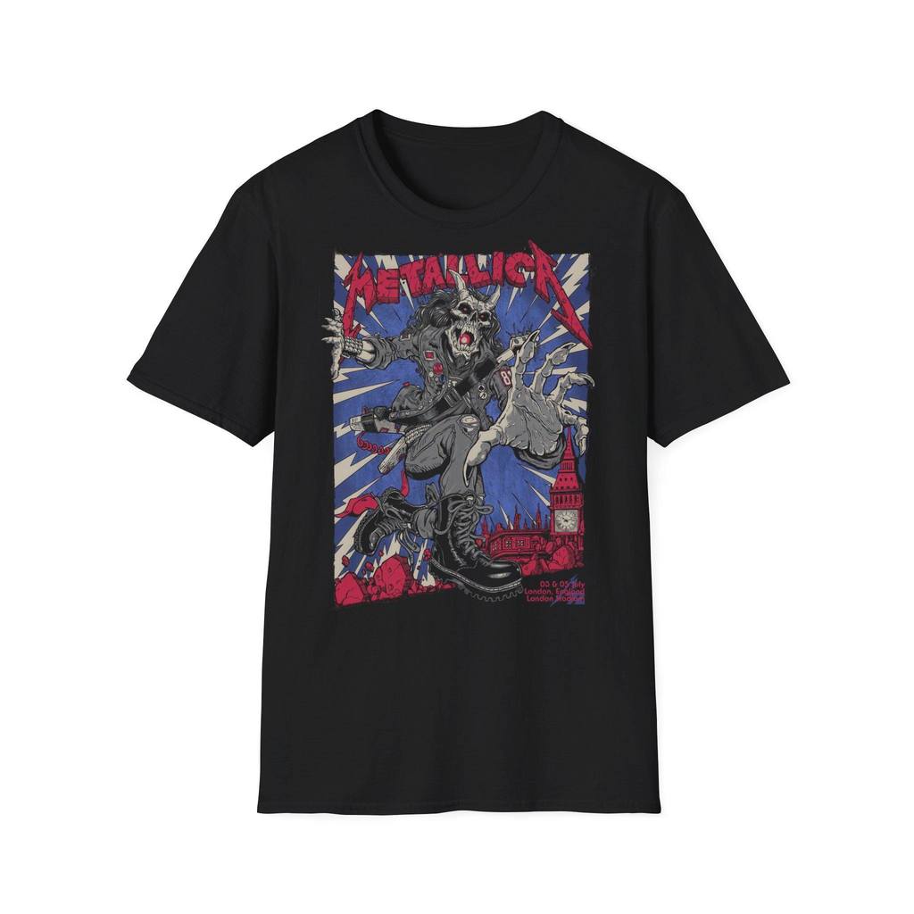 Camiseta Preta Metallica Demônio Guitarrista Londres Big Ben Tipografia Vermelha Retro Oversized Unissex Algodão Premium