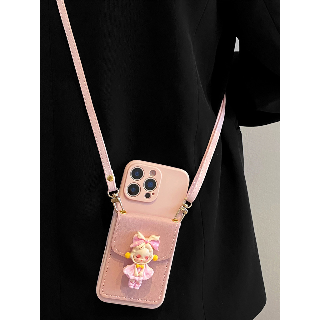 Porta-cartões Hanxia Pink Shy Princess adequado para Apple 17promax Phone Case Phone16 Capa protetora 15pro Crossbody La
