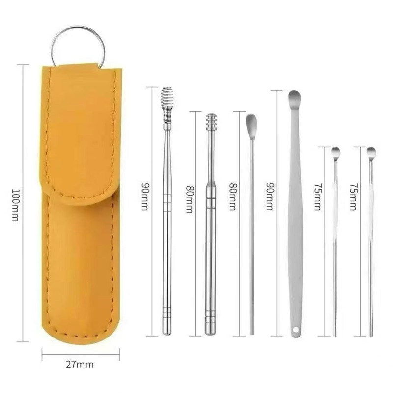KIT 12 Set of 6 Stainless Steel Ear Cleaning Tool Portable Spiral Spoon Design with Keychain