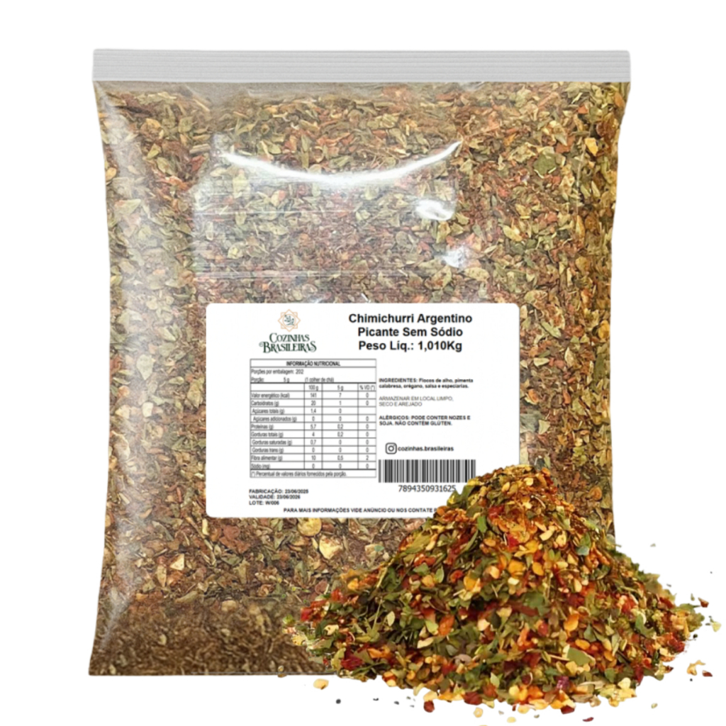 Cozinhas Brasileiras tempero chimichurri argentino picante p/ carnes churrasco aves 200g a 1,010Kg