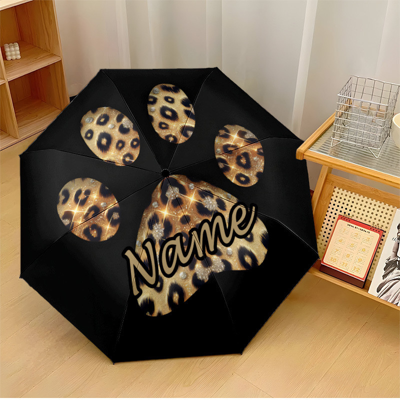 Este guarda-chuva automático adota Design de estampa de pata com estampa de leopardo, pode personalizar nomes personaliz