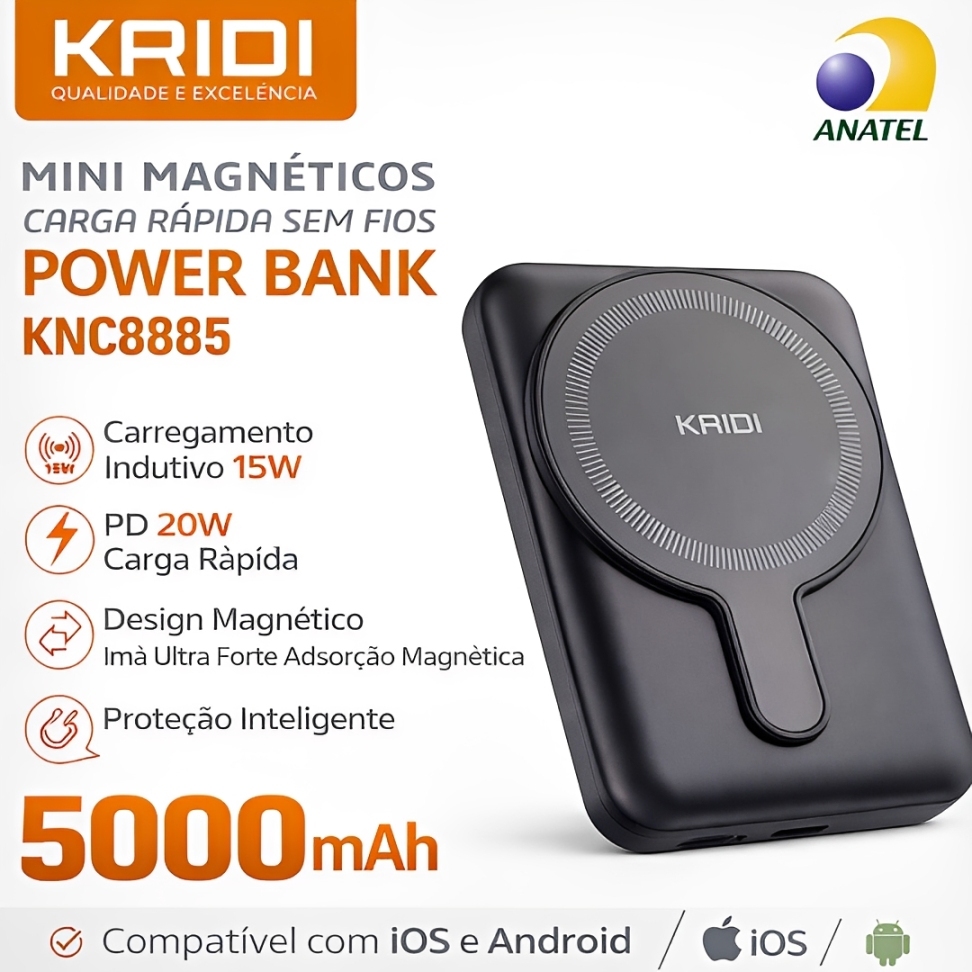 Power Bank Kaidi KNC-8885 5000mAh Carregamento por Indução Portátil Sem Fio e Usb com Suporte