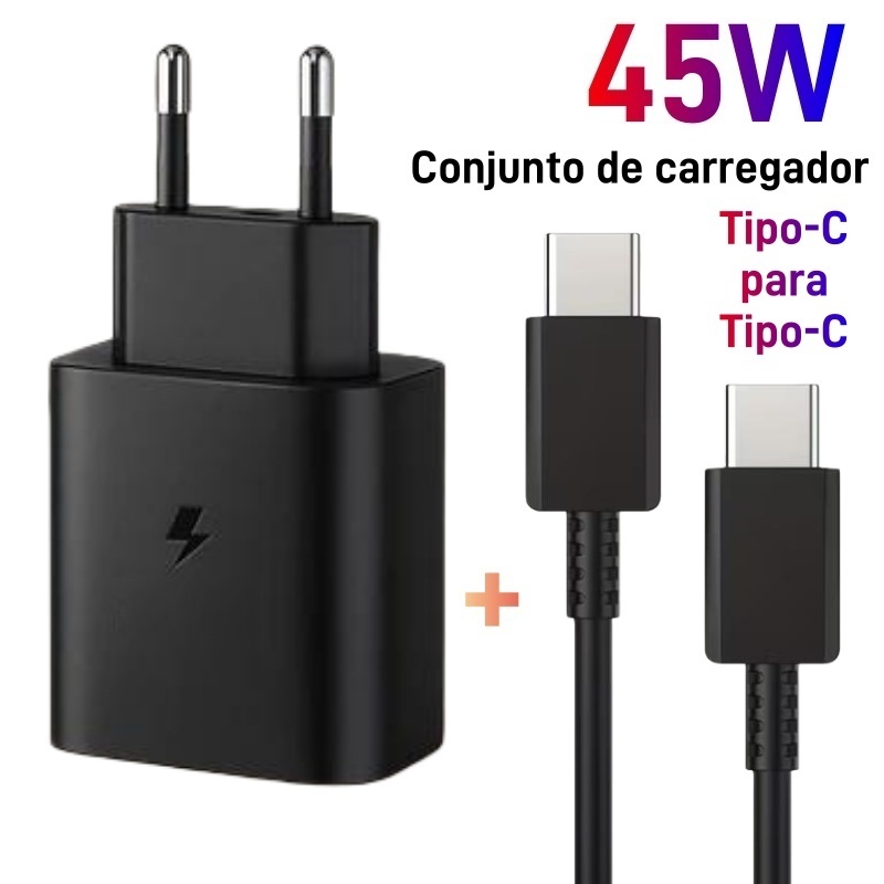 Carregador Turbo 45W Carregamento Rápido + Cabo Tipo-C para Tipo-C 1 Metro,Carregador para Android