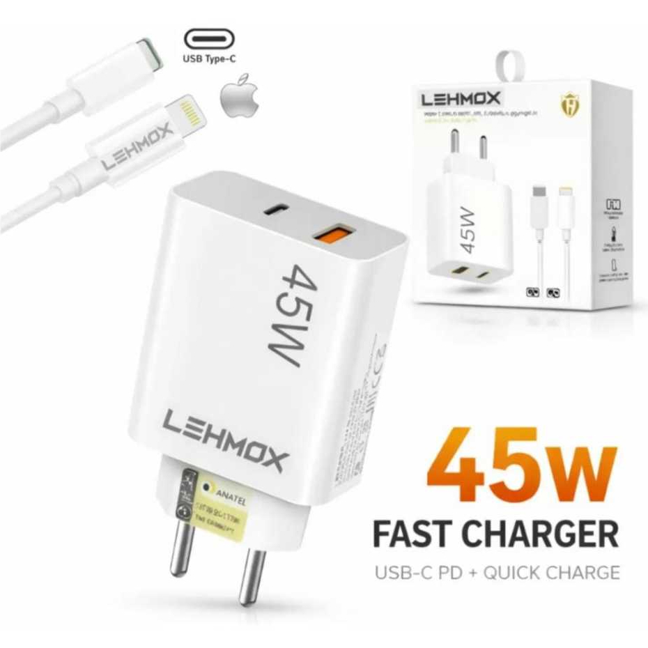 Carregador Turbo iPhone 45W Lehmox USB + USB C Cabo Lightning 1 Metro