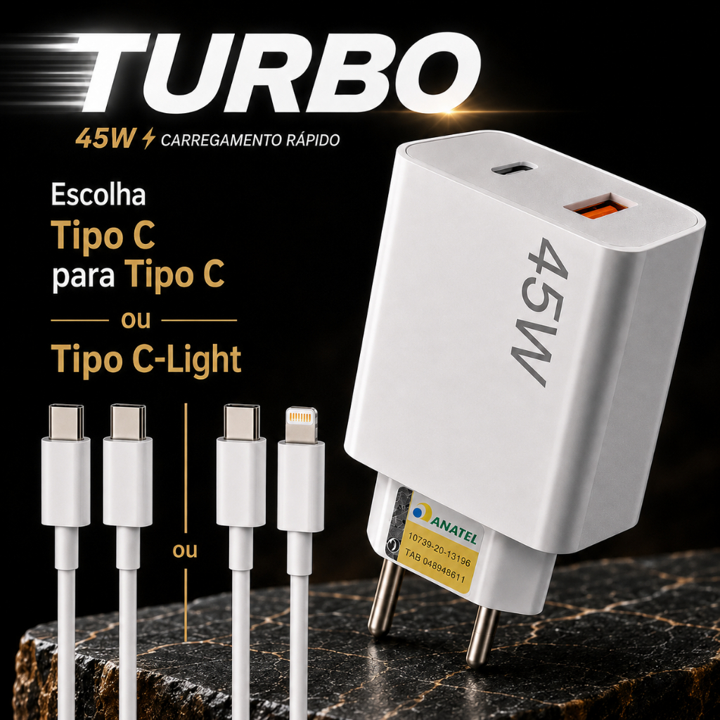 Carregador 45W Turbo USB + USB-C com Cabo Tipo C-Lightning ou Tipo C-C