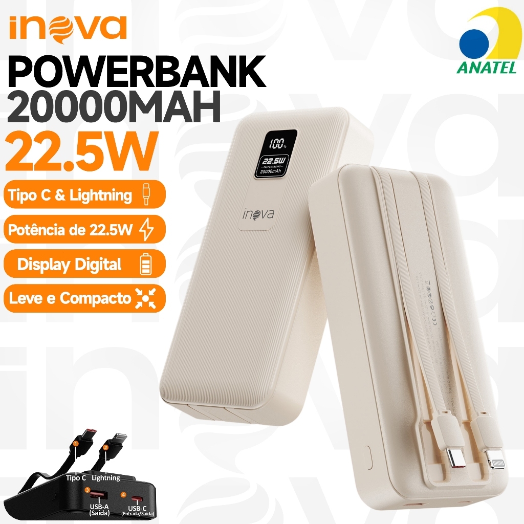 INOVA Power Bank 10000/20000mAh 22.5W Carga Rápida Display LED Portátil Universal