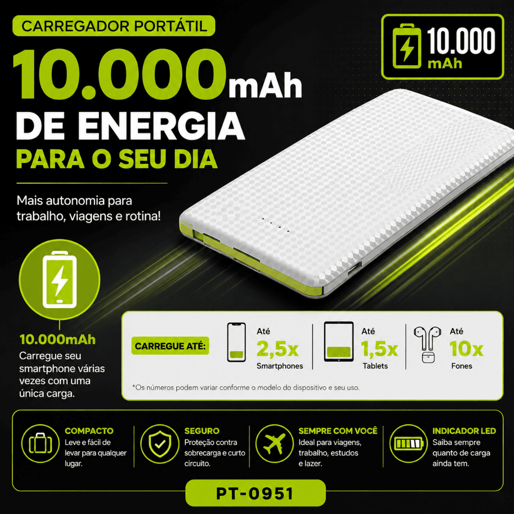 Power Bank 10000mAh Carregador Portátil com 2 USB Display LED Carga Rápida PT-0951