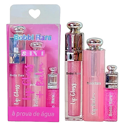 Kit 3 em 1 Bobbi Rara Lip Gloss Lip Balm Mini Gloss A Prova De Água Brilho Labial Glitter Brilhante