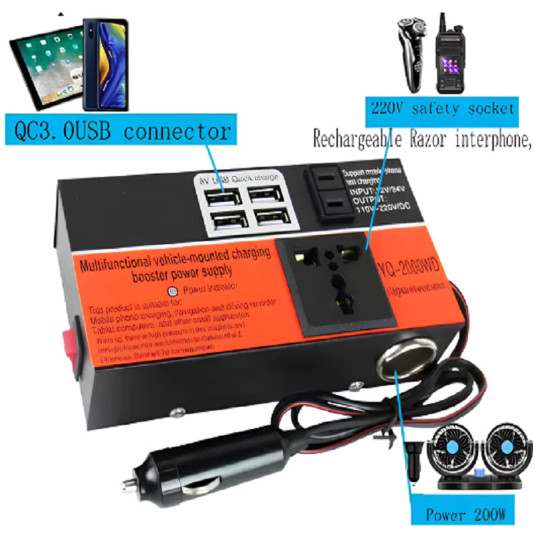 Inversor De Potência Para Carro 12v/24v 110v/220v 4 Usb 200w