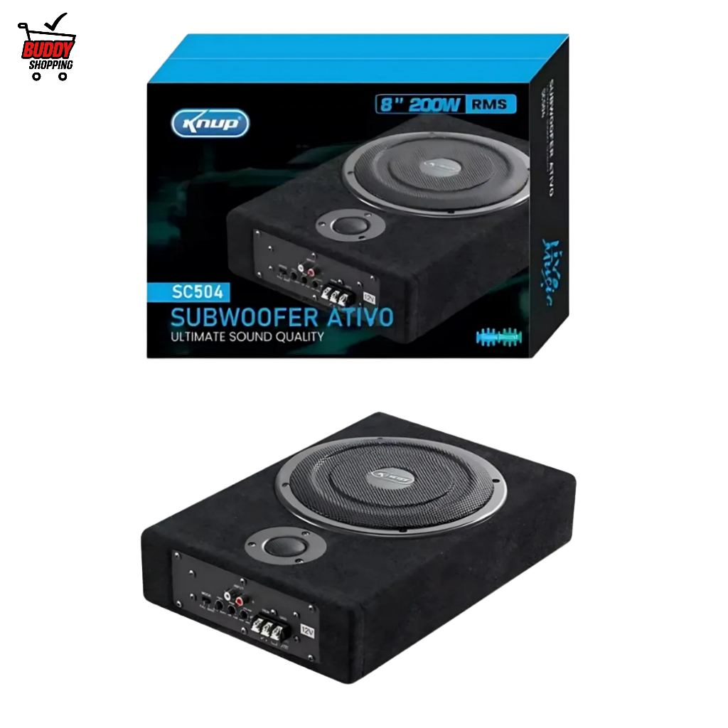 Subwoofer Ativo Automotivo KP-SC504 8 Polegadas 200W RMS Fino Imitação Fibra Carbono Preto RCA