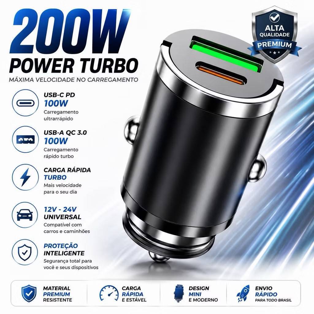 Carregador Veicular Turbo 200W USB-C PD 100W USB-A QC 3.0 12V 24V Carro Caminhão | Envio Imediato