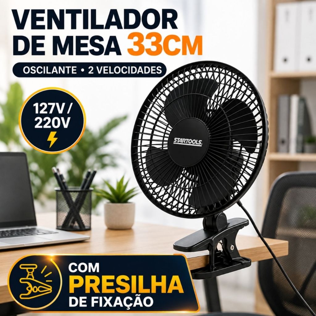 Ventilador de Mesa 33cm 25W 127V/220V com Presilha Clip Oscilante 2 Velocidades Portátil