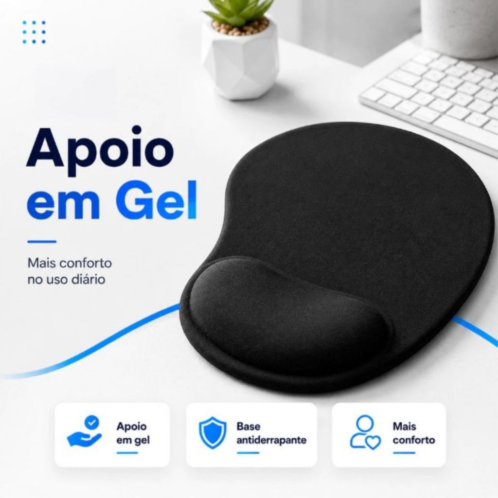 MousePad Ergonômico Preto com Apoio de Pulso em Gel Almofadado Conforto Escritório Computador
