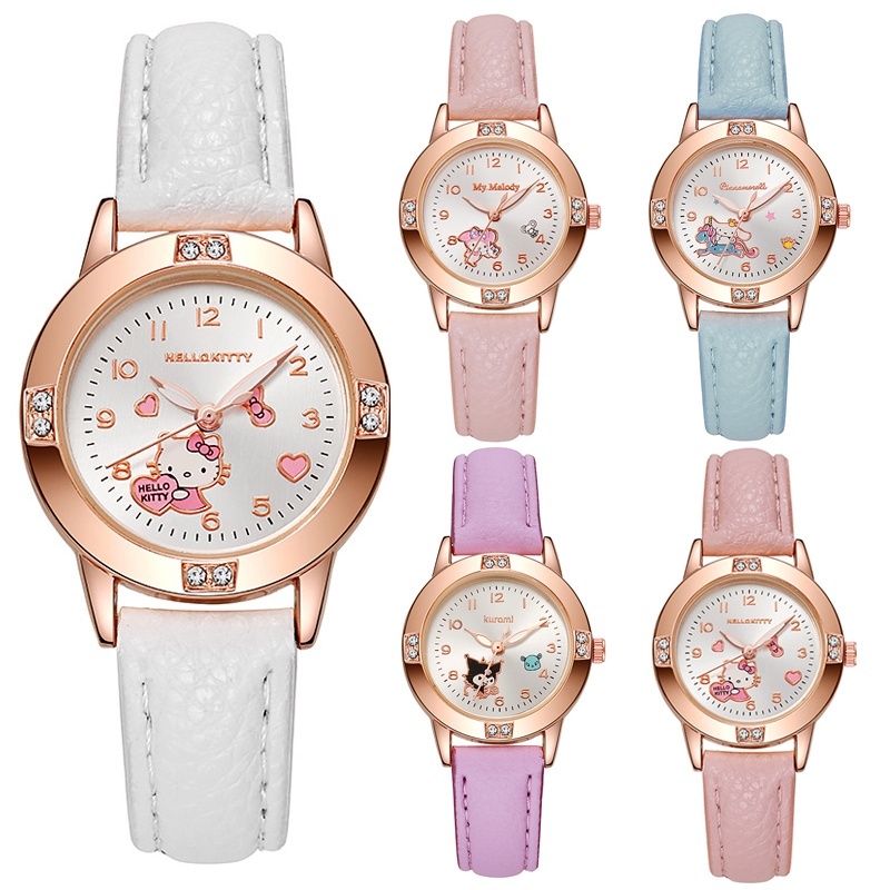Sanrio Kuromi Melody Cinnamoroll Hello Kitty Estudante Relógio Rosa Ouro Diamantes De Pulso De Couro Feminino Quartzo Cr