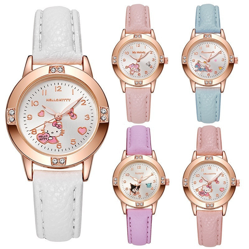 Sanrio Kuromi Melody Cinnamoroll Hello Kitty Estudante Relógio Rosa Ouro Diamantes De Pulso De Couro Feminino Quartzo Cr