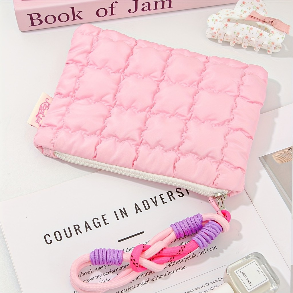 Bolsa de moedas acolchoada estilo macaron, bolsa de cosméticos com pulseira colorida, pequena bolsa de viagem para cosmé