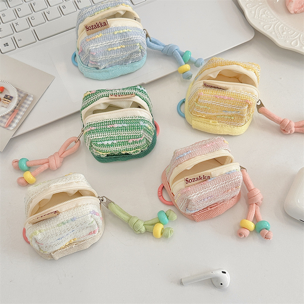 Xiaoxiangfeng trançado saco de armazenamento de fone de ouvido Macaron Mini zíper caso de fone de ouvido com cordão port