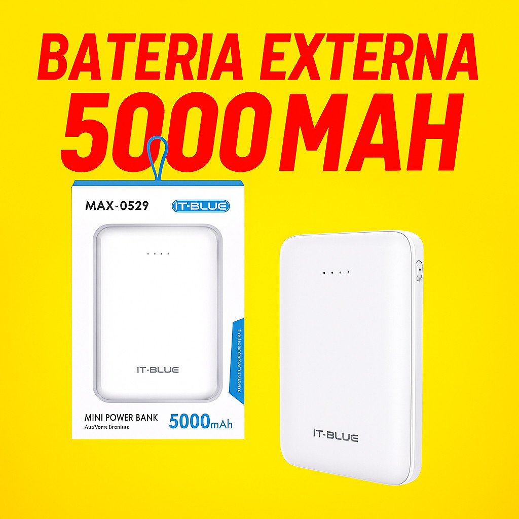 Mini Power Bank Portátil IT-Blue MAX-0529 5000mAh Compacto com Cabo 2 USB e USB C Recarregador