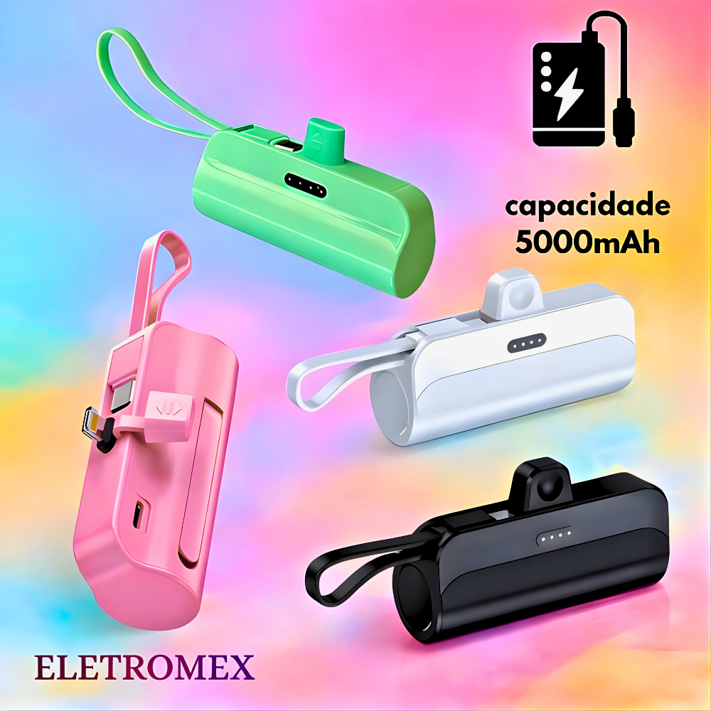 Power Bank Portátil Mini 5000mAh Eletromex Carregador Rápido 10W 2 Saídas Tipo-C IOS Android