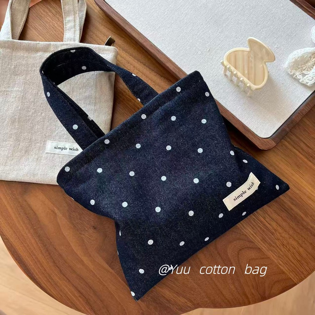 [Bolsa de pano Suxi] Denim Polka Dot Stripes Cor sólida Pequena bolsa para celular Transporte de mão Caminhada à mão Bol