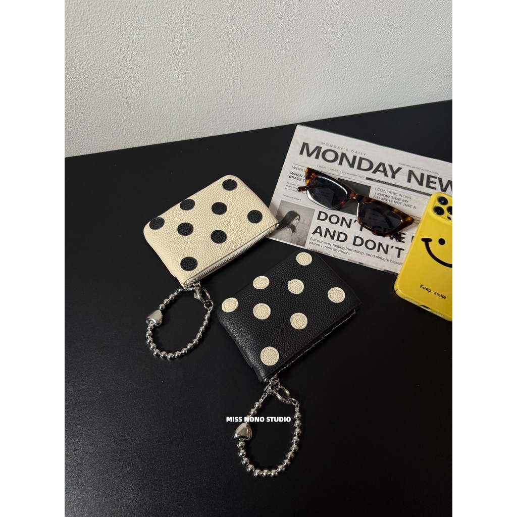 Couro genuíno Polka Dot titular do cartão saco de documentos caso chave bolsa feminina nova carteira primeira camada de