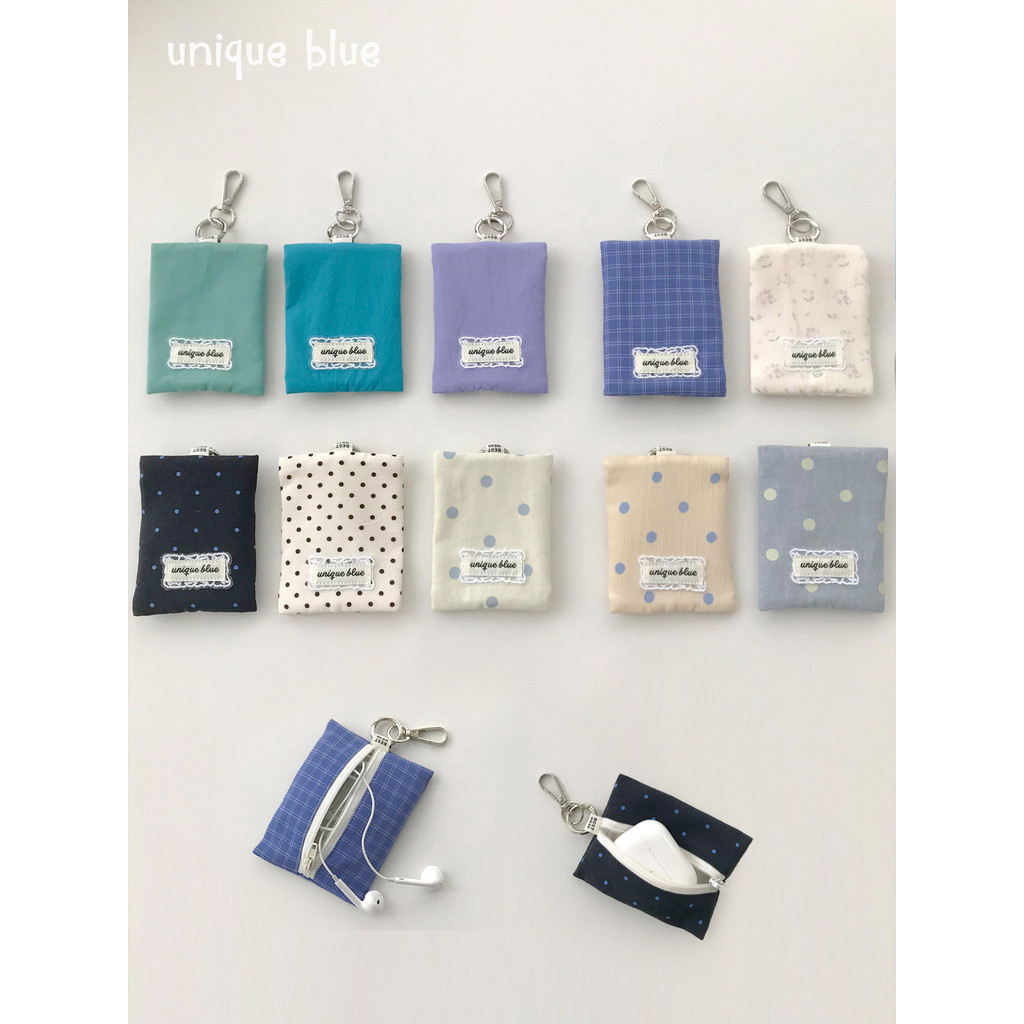 Único azul Original ins estilo Polka Dot fone de ouvido saco proteção artesanal estilo coreano saco pingente moeda bolsa