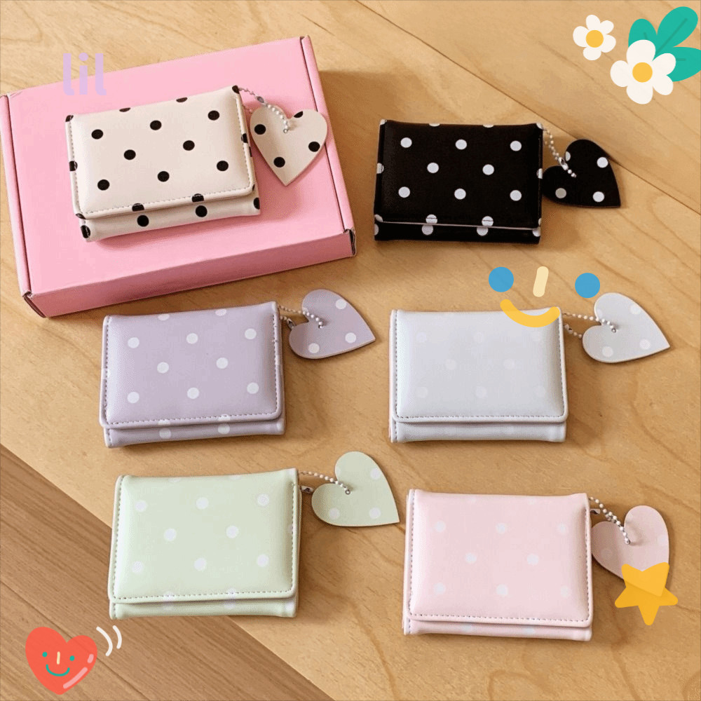 Carteira Curta LIL Polka Dot , Leve Com Pingente De Coração , Porta-Cartões De Grande Capacidade , Fecho De Botão IPJC