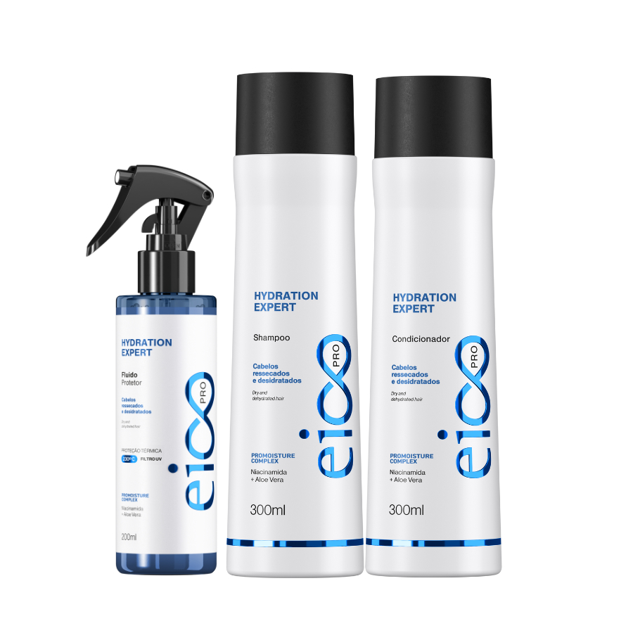 Shampoo Hydration Eico Pro e Condicionador Spray Protetor Térmico Anti Frizz Hidratação 200ml