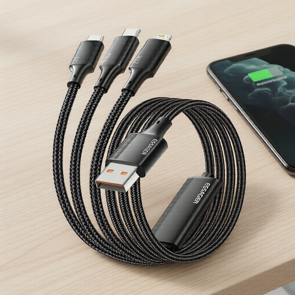 Essager Cabo de Carregamento Rápido USB-C 100W 7A 3 em 1 para iPhone/Samsung/Huawei/Xiaomi, 3 Plugues
