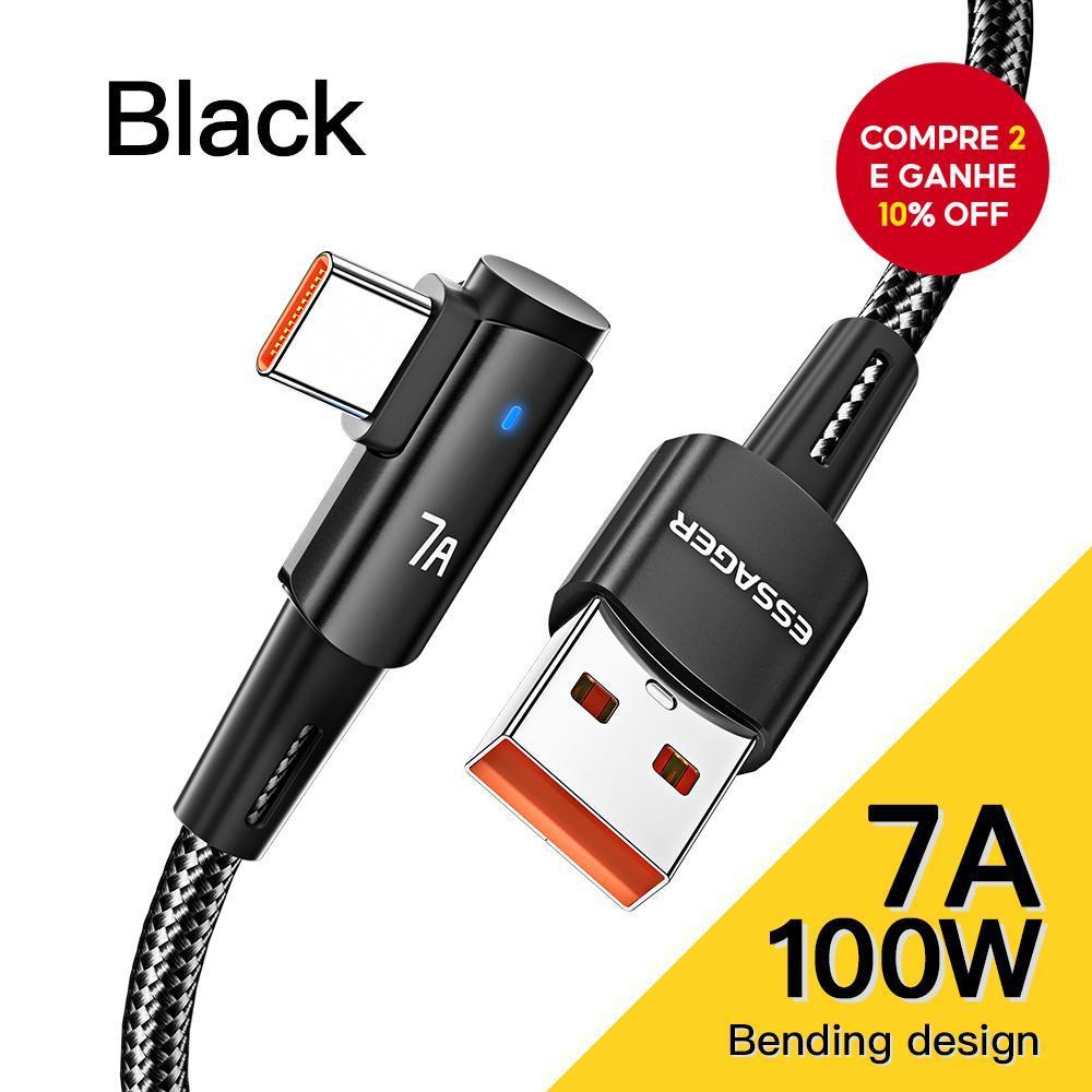 Cabo USB Tipo C 90 Graus Essager 7A para OPPO, Cabo de Carregamento Rápido de 100W para Honor, Huawei P40, Oneplus e