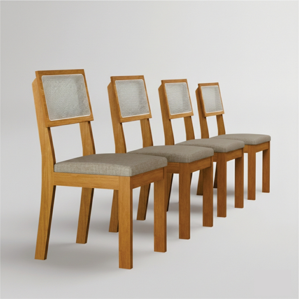 Cadeira Flora MDF Vintage kit 4 Unidades Linho Palha Encosto Telado Rattan Sala de Jantar