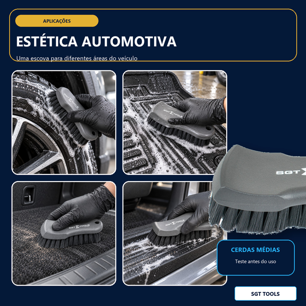 Escova Cerdas Médias SGT Tools Detalhamento Automotivo Limpeza Interna Carro Banco Couro Tecido Painel Plástico