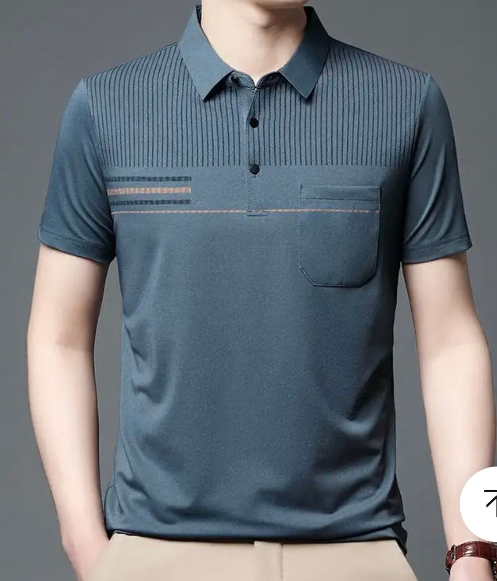 Camisa Polo Masculina Cinza Com Nervuras Verticais E Bolso No Peito Design Casual