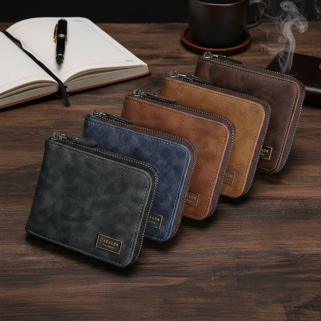 Carteira masculina multifuncional estilo coreano, grande capacidade com zíper para cartões e moedas.