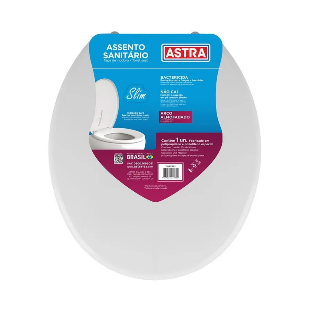 Assento Tampa Vaso Sanitário Almofadado Astra Slim Oval Branco Universal Antibactericida TAJ/ASBR1