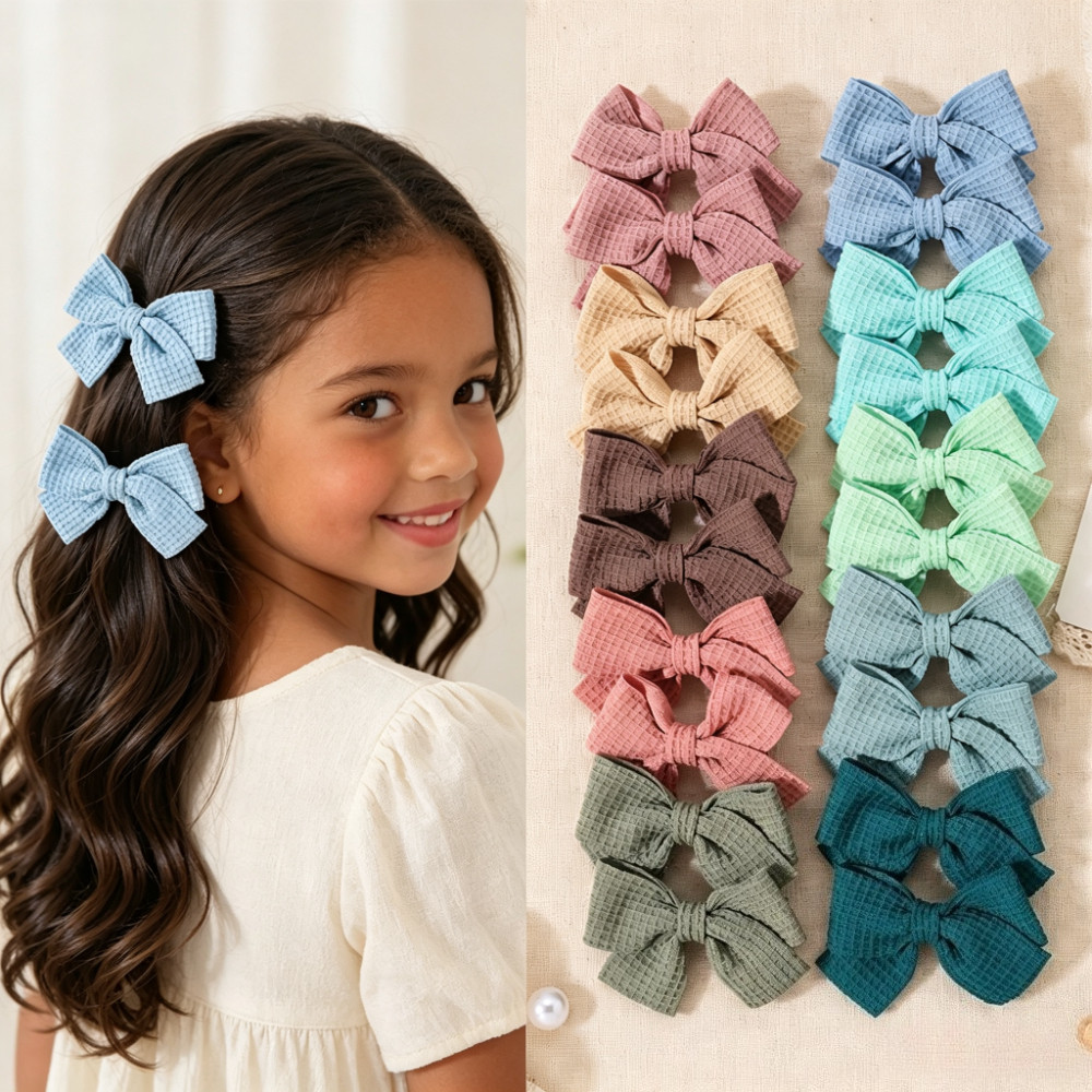1 Conjunto De Grampos De Cabelo Com Laço De Tecido Waffle , Coloridos Macaron Para Crianças , Acessórios Versátil Feitos