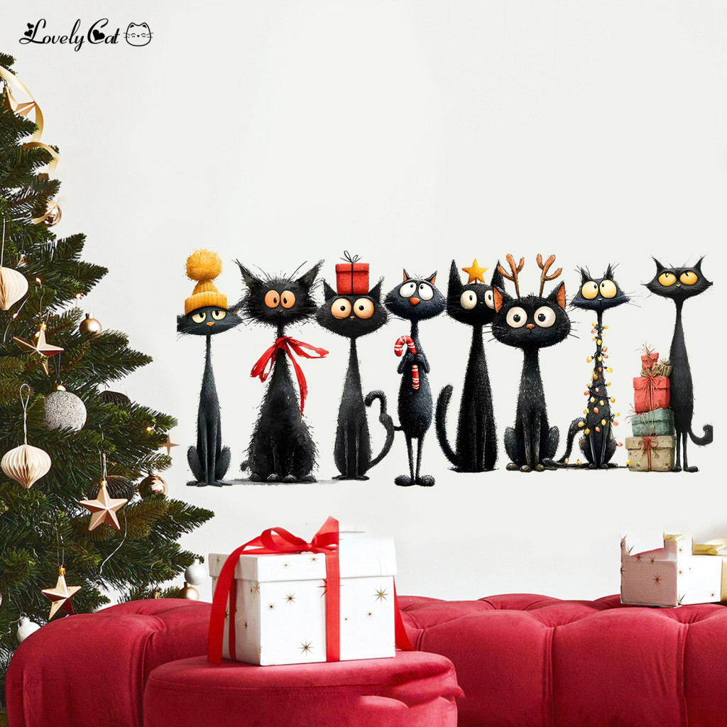 Removable Christmas Wall Decals Cute Cat Holiday Theme Black Stickers Self-adhesive Pvc Halloween and for Bedroom