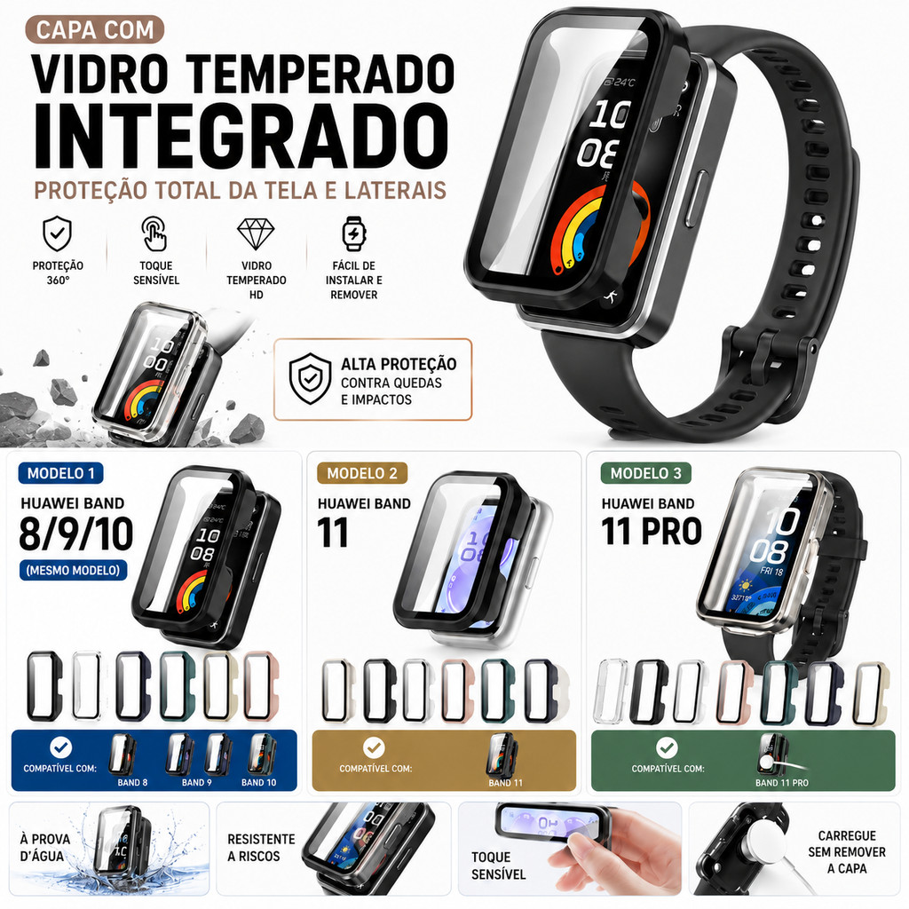 Capa com Vidro Temperado Integrado para Huawei Band 8 9 10 11 11 Pro | Proteção Total da Tela e Laterais